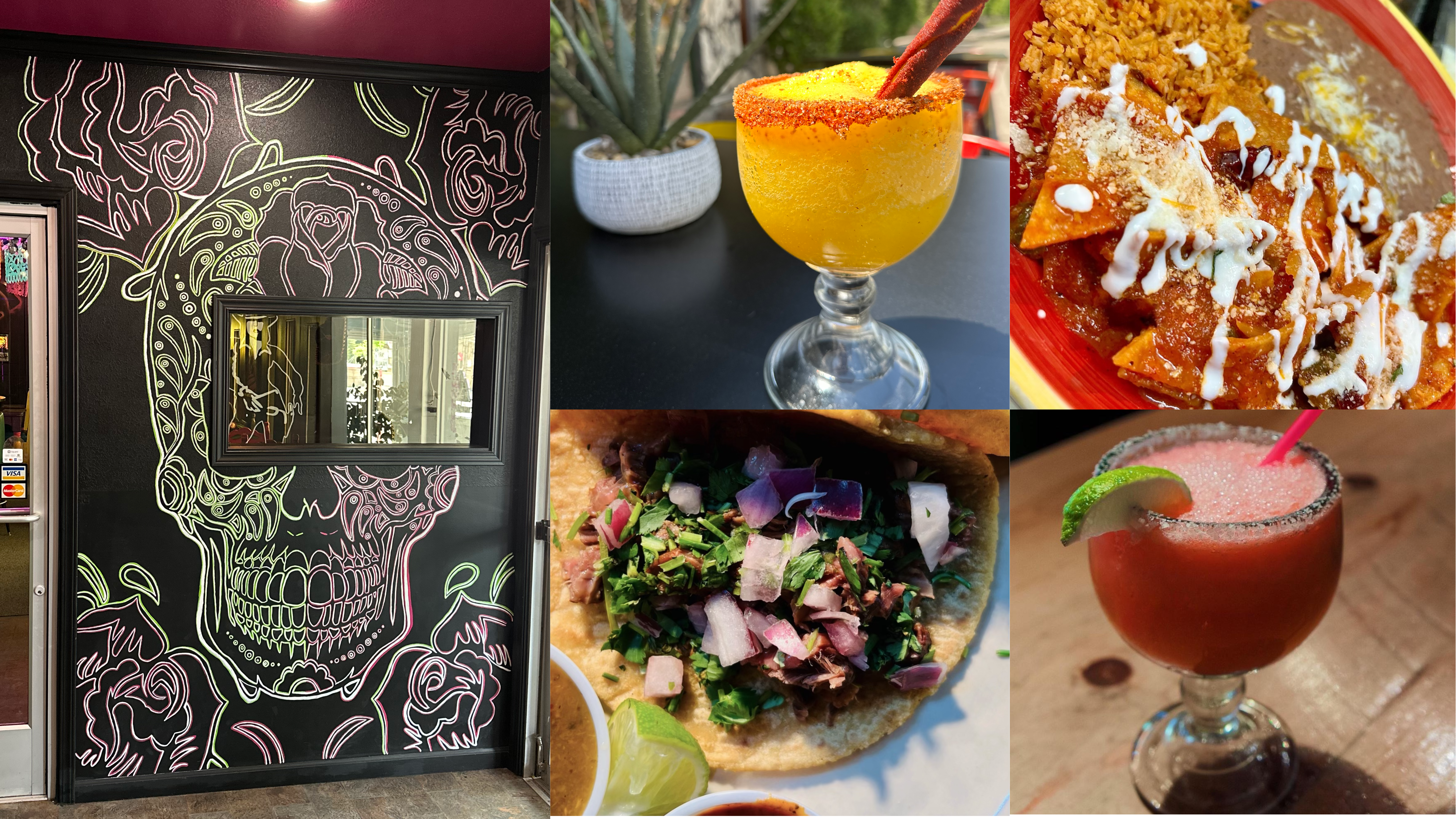 image of La Perla Cantina enchiladas, margaritas, tacos, and our skull painting